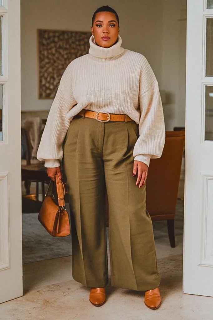 Plus Size Cream Turtleneck Sweater Fall Outfit