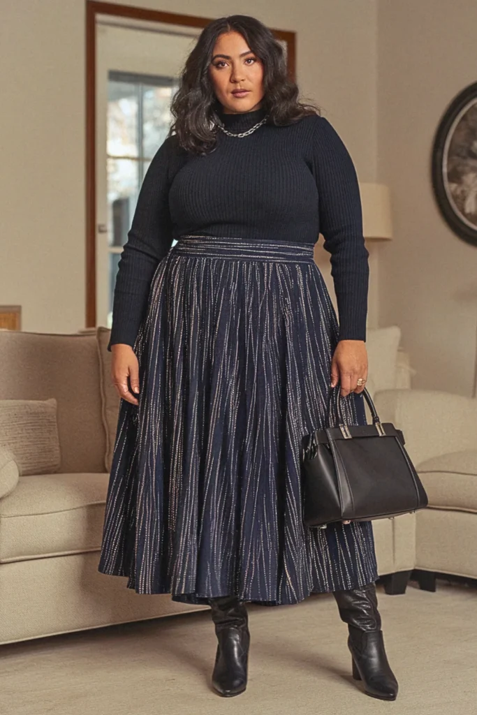 Plus Size Metallic Thread Long Fall Skirt Outfit