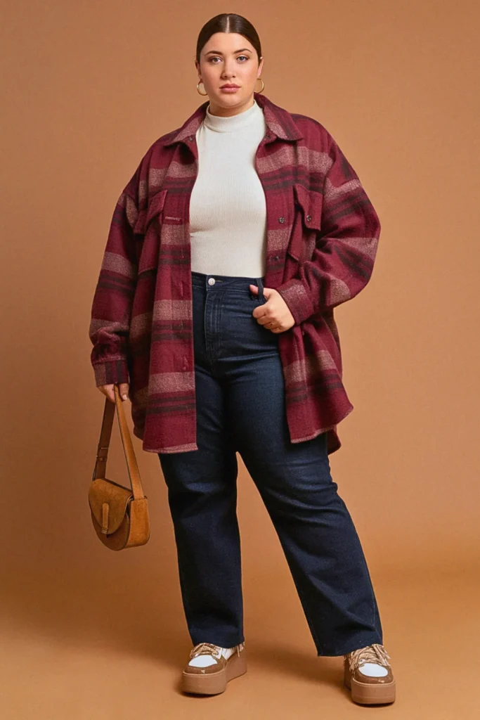 Plus Size Fall Plaid Shacket Layers Birthday Outfit