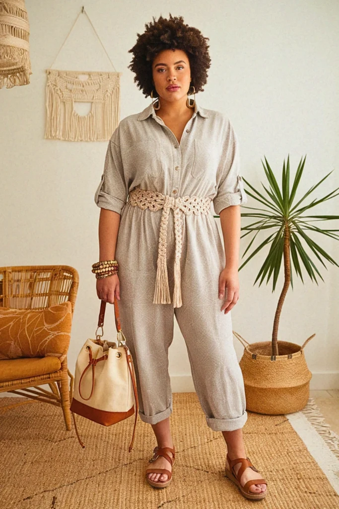 Plus Size Tribal Print Utility Jumpsuit with MacrameÌ Belt Boho Outfit