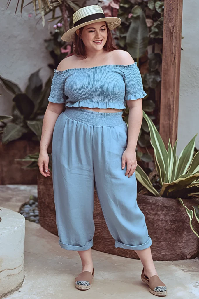 Plus Size Smocked Off-The-Shoulder Top and Linen Pants Hippie Spring Outfit
