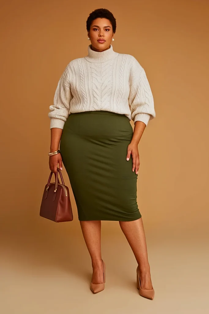 Plus Size Midi Pencil Skirt and Cozy Sweater Autumn Outfit