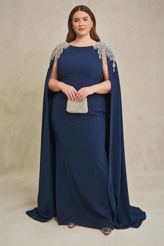 Plus Size Black Tie Crystal-Embellished Cape Wedding Guest Dress