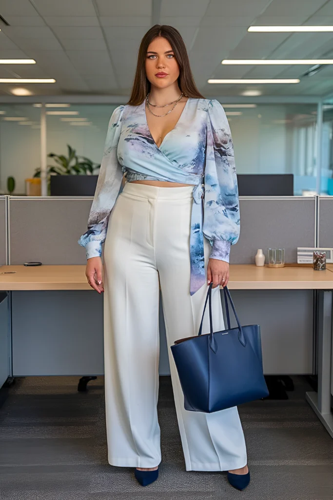 Plus Size Digital Watercolor Print Wrap Top Professional Ensemble