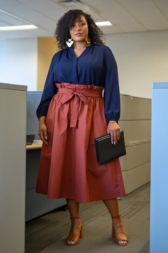 Plus Size Summer Convertible Off-Shoulder Blouse and Paper Bag Waist Skirt Business Casual Outfit