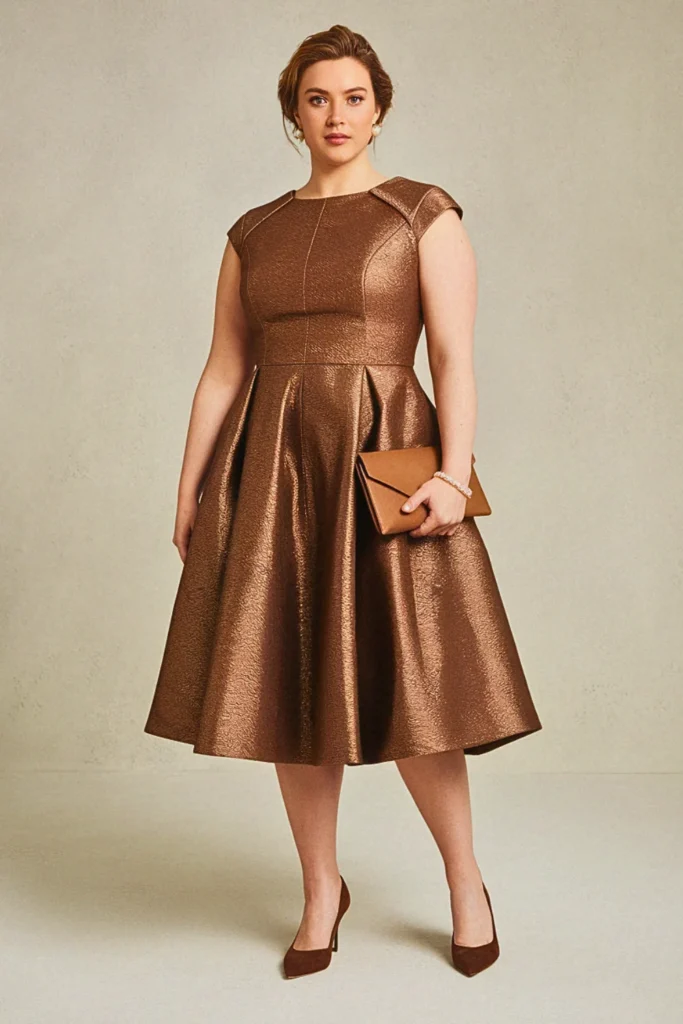 Copper Jacquard Tulip Hem Plus Size Wedding Guest Cocktail Dress
