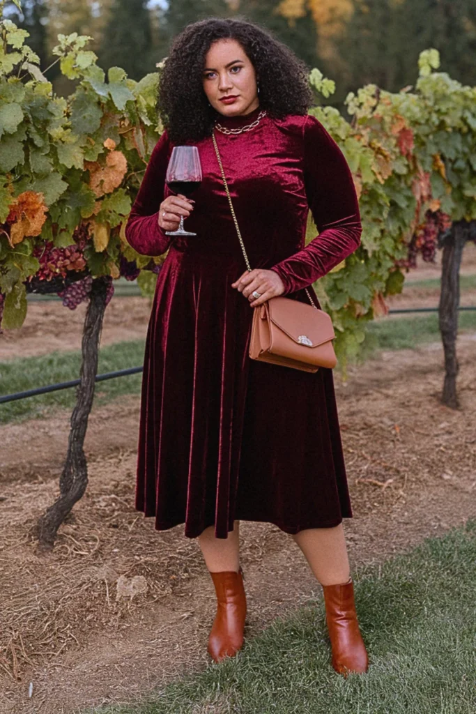 Plus Size Fall Burgundy Velvet Midi Dress Winery Outfit