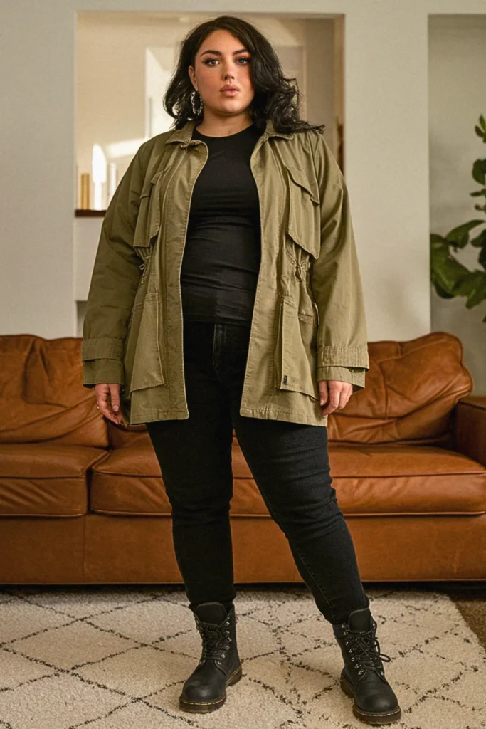 Plus Size Casual Utility Jacket Night Fall Outfit