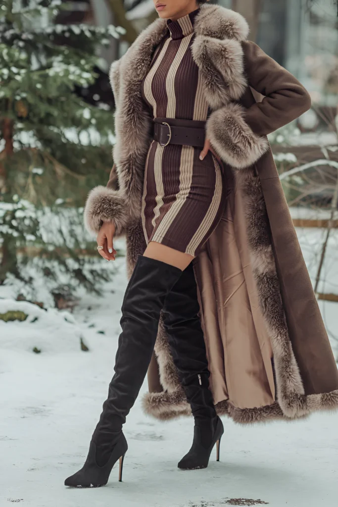 Winter turtleneck dress with thigh-high Boots Outfit