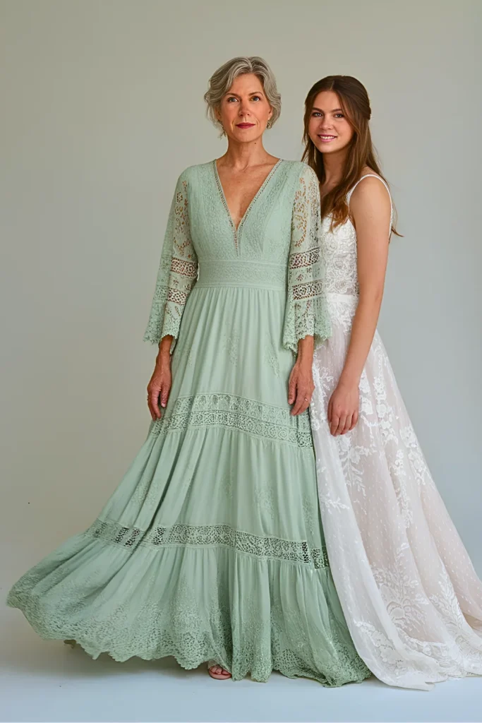 Bohemian Sage Green Lace Maxi Mother of the Bride Dress