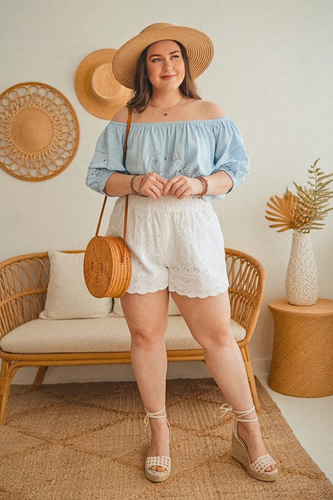 Plus Size Summer Eyelet Shorts and Off-Shoulder Peasant Top Outfit