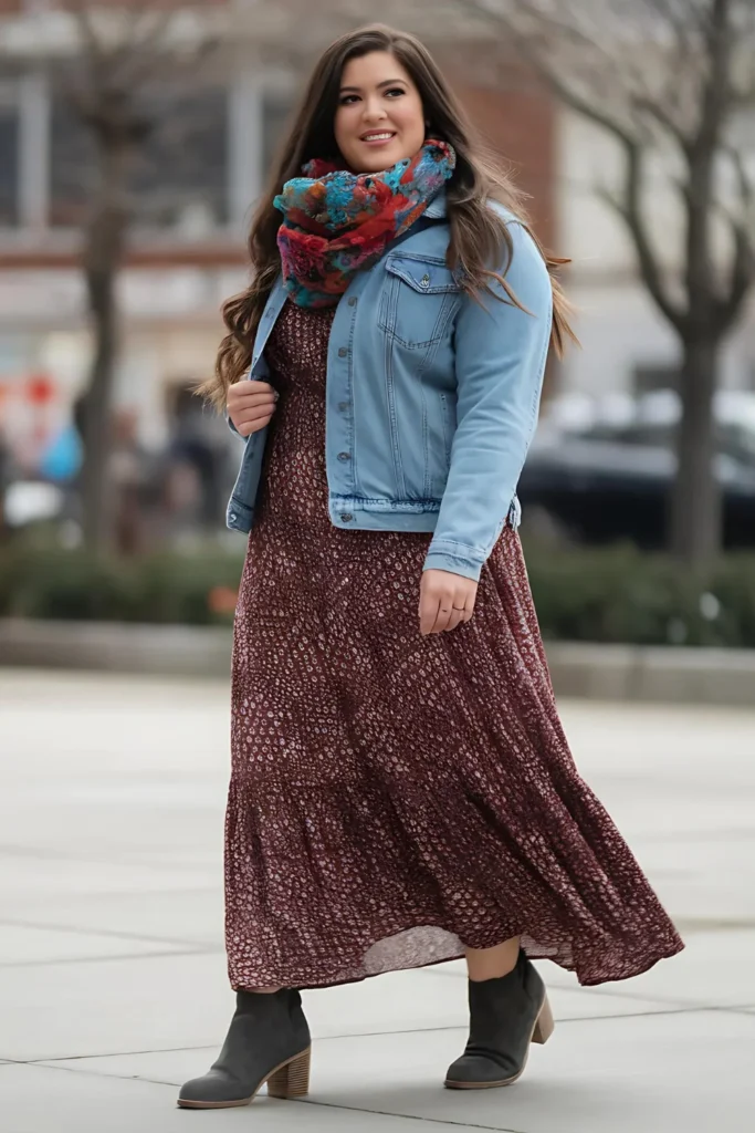Winter Curvy Mom Maxi Dress and Denim Jacket Outfit