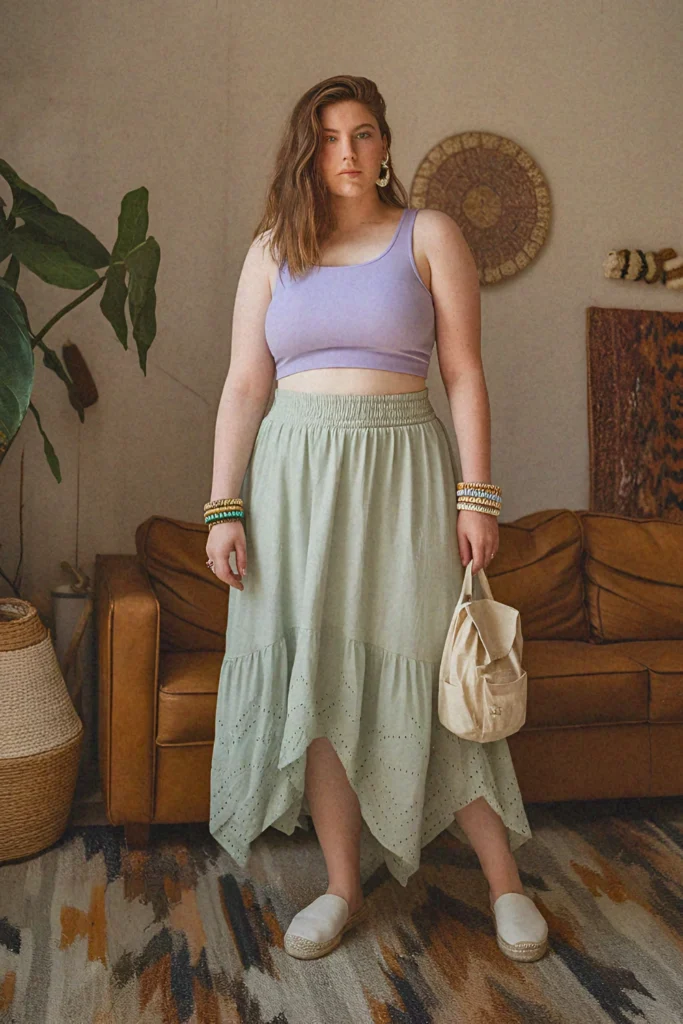 Plus Size Summer Handkerchief Hem Long Skirt Outfit
