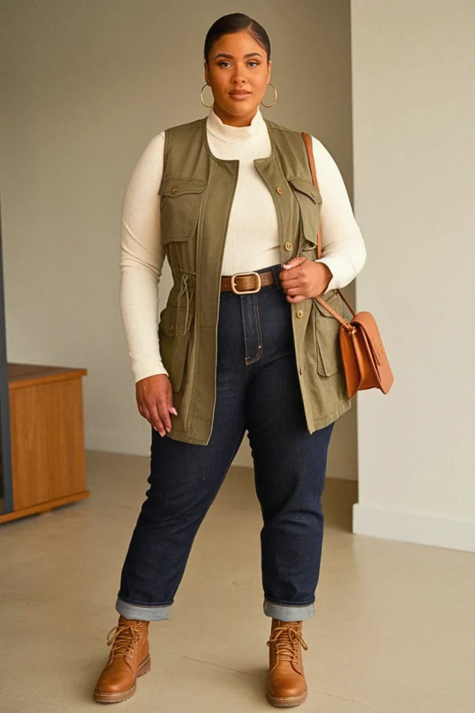 Plus Size Cute Utility Vest Layered Fall Outfit