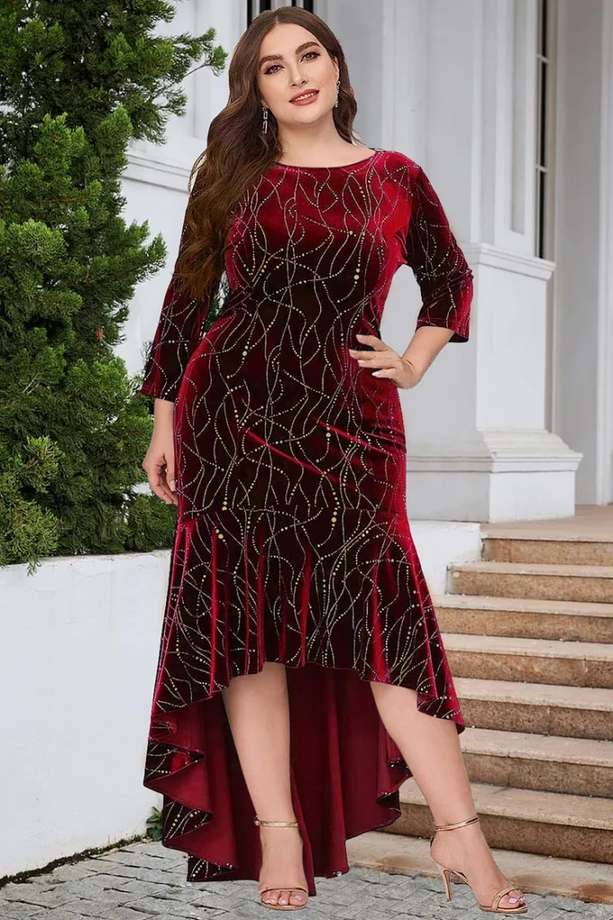 Plus Size Valentine's Burgundy Velvet High Low Hem Mermaid Maxi Dress