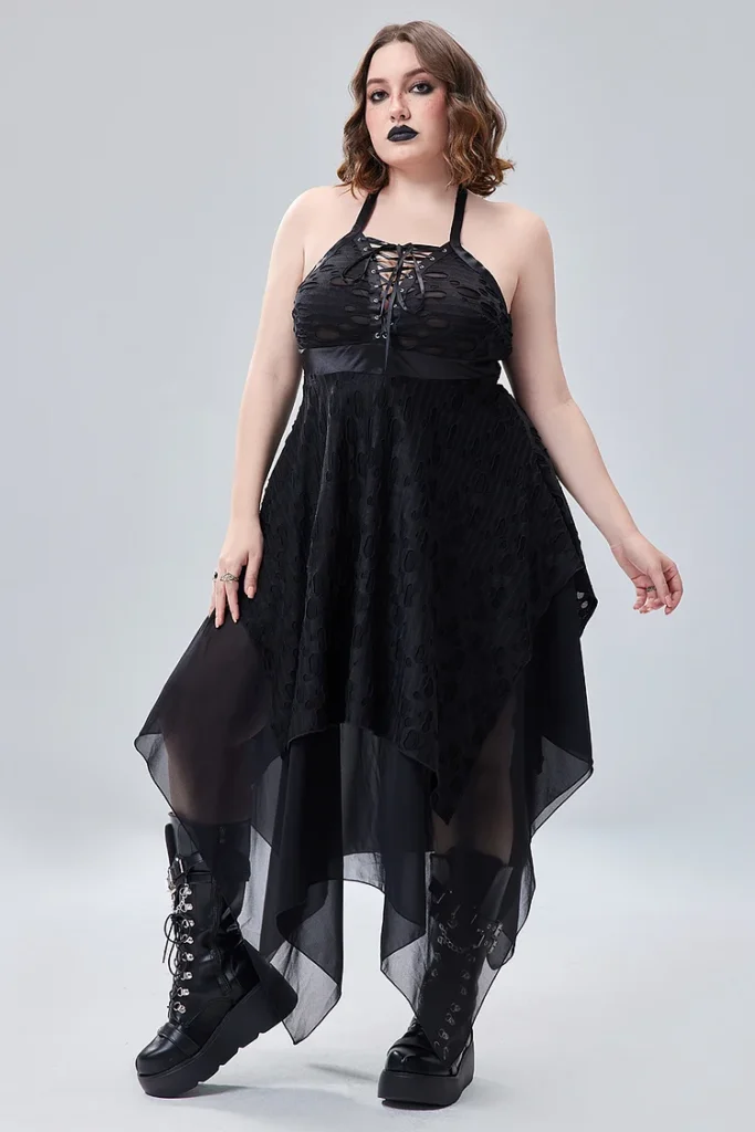 Plus Size Halloween Costume Black Lace Up Sleeveless Irregular Hollow Knitted Midi Dress