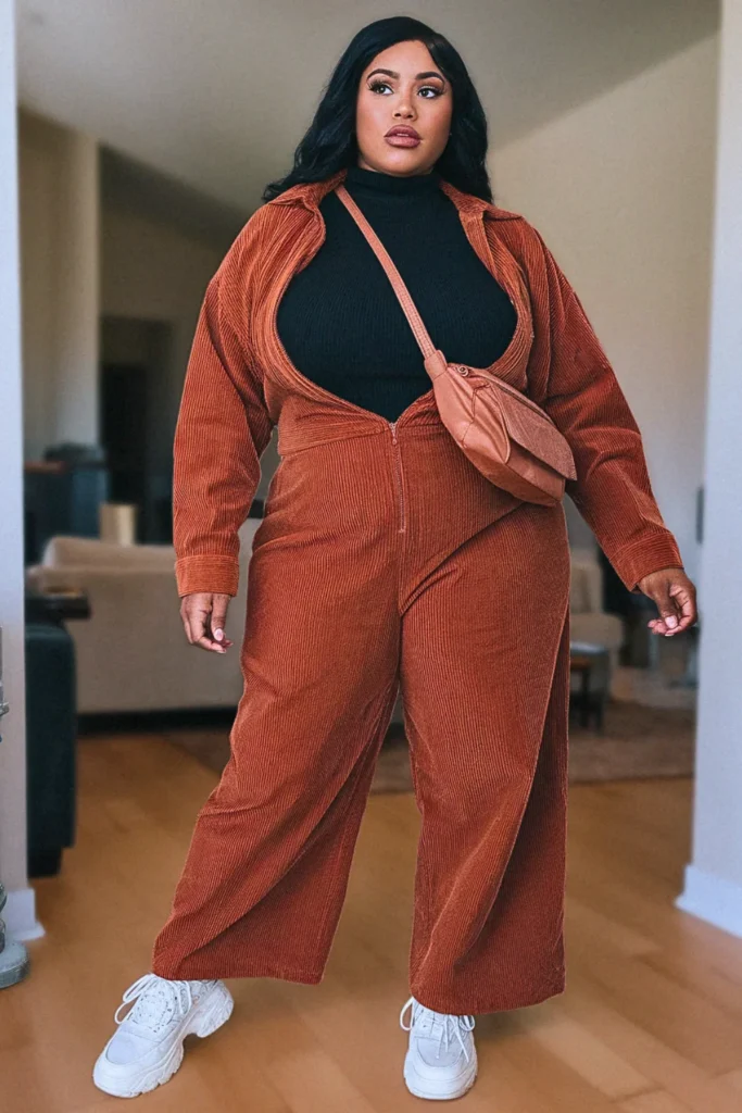 Plus Size Rust Corduroy Jumpsuit Casual Fall Outfit