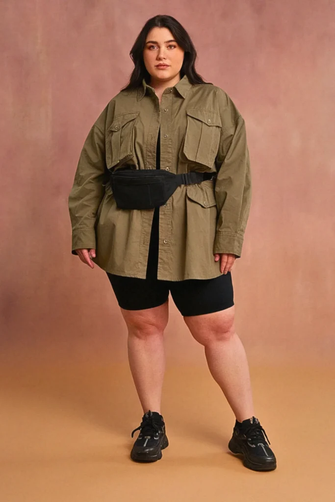 Plus Size Utility Shirt and Bike Shorts Fall Outfit