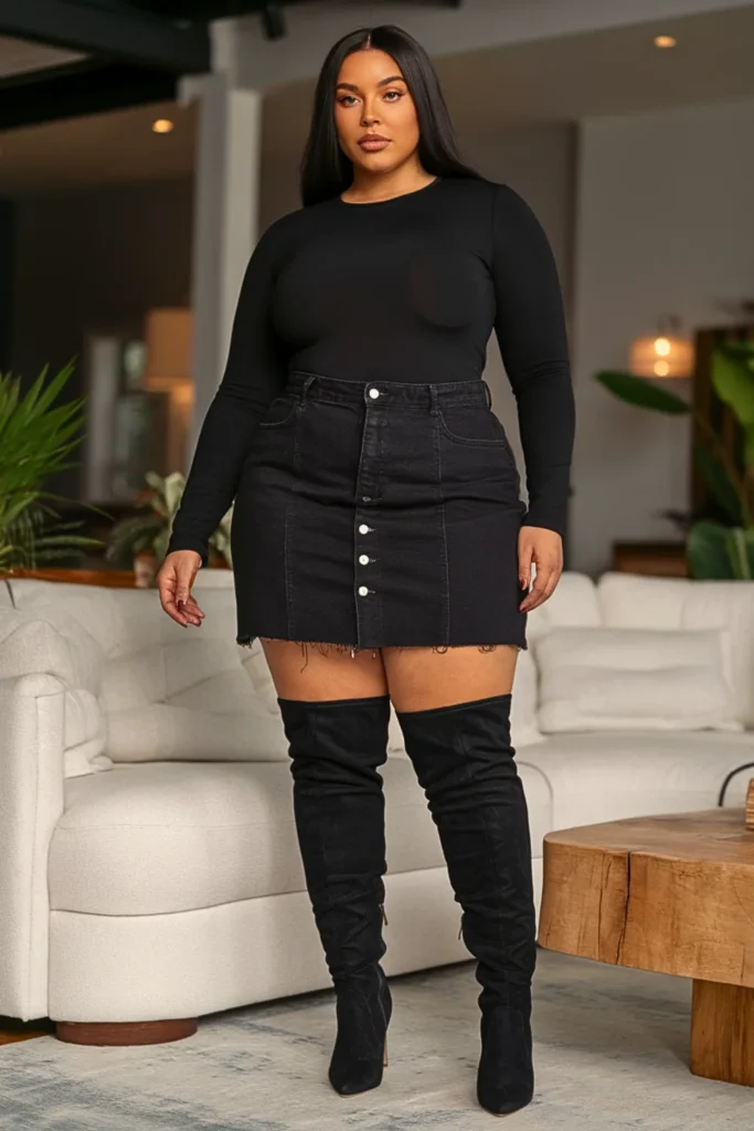 Plus Size Denim Skirt Thigh-High Boots Fall Winter Outfit