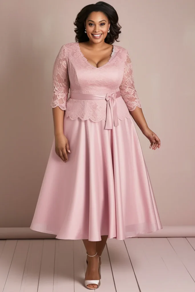 Plus Size Mother Of The Bride Pink 3:4 Sleeve Wrap Lace Satin Two Piece Skirt Set