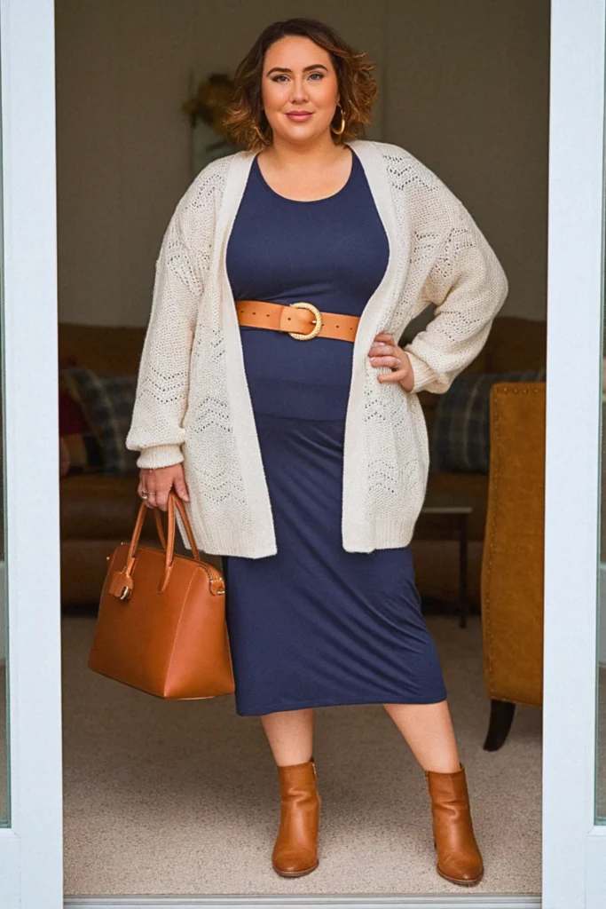 Plus Size Fall Cute Cardigan and Dress Mom Outfit