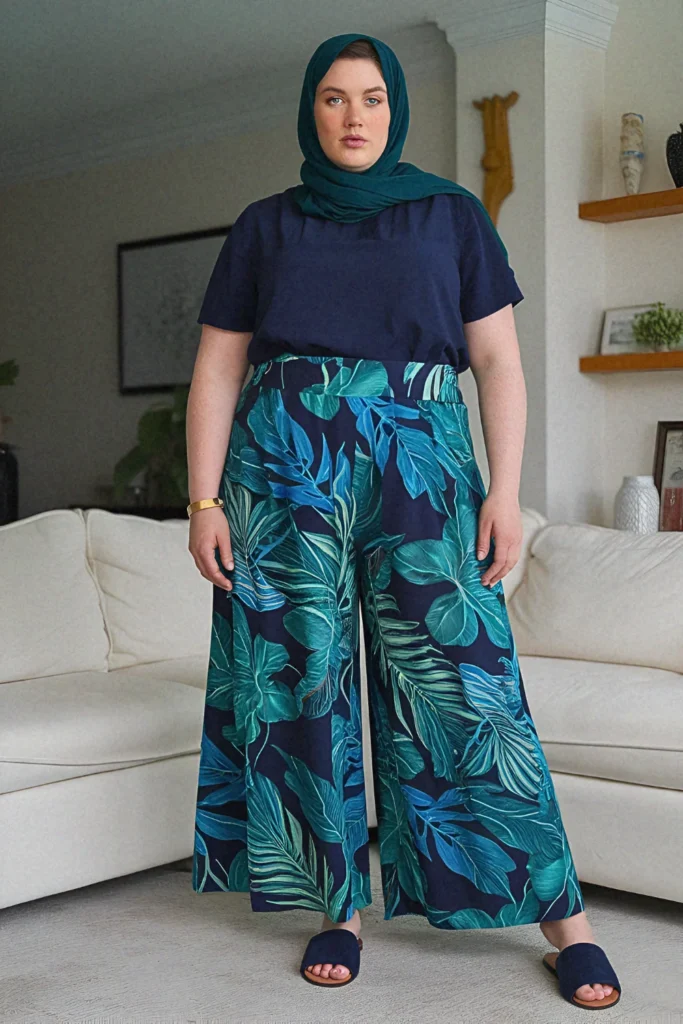 Tropical Paradise Printed Wide-Leg Pants Hijabi Outfit