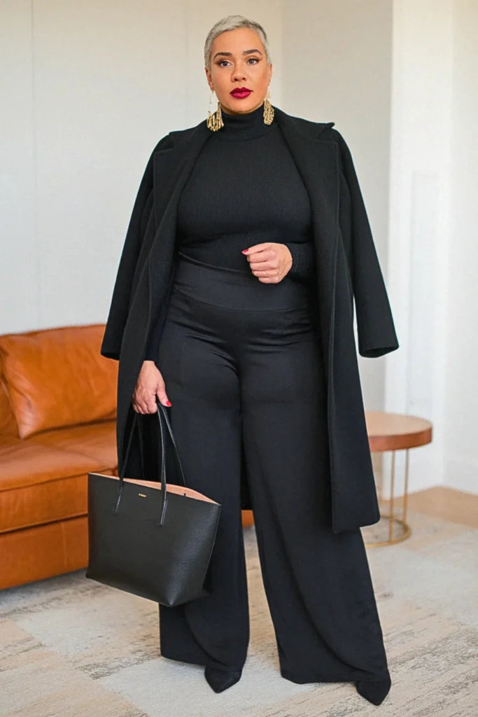 Plus Size Fall Black Turtleneck and Palazzo Pants Mom Outfit