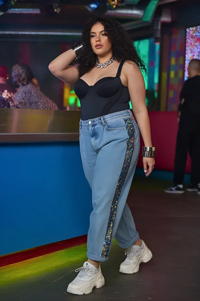 Plus Size Sequined Boyfriend Jeans and Structured Bodysuit Summer Club Outfit