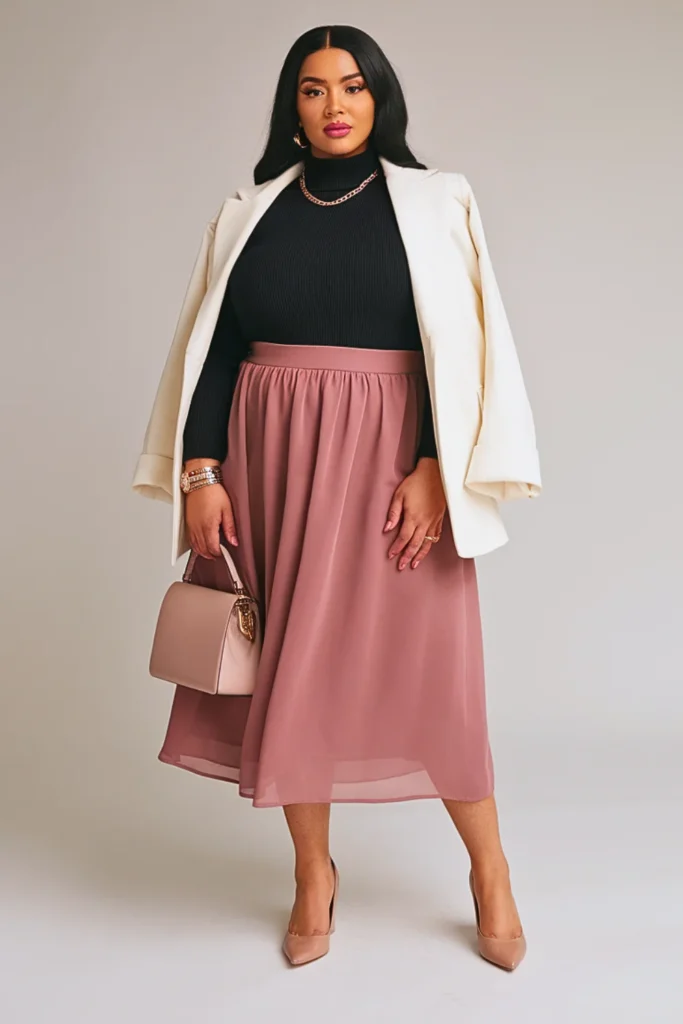 Plus Size Autumn Dusty Rose Chiffon Midi Skirt Outfit
