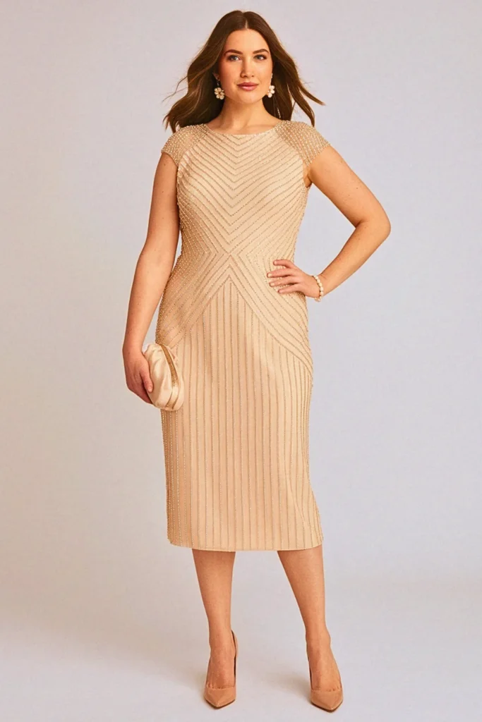 Champagne Beaded Plus Size Wedding Guest Cocktail Dress
