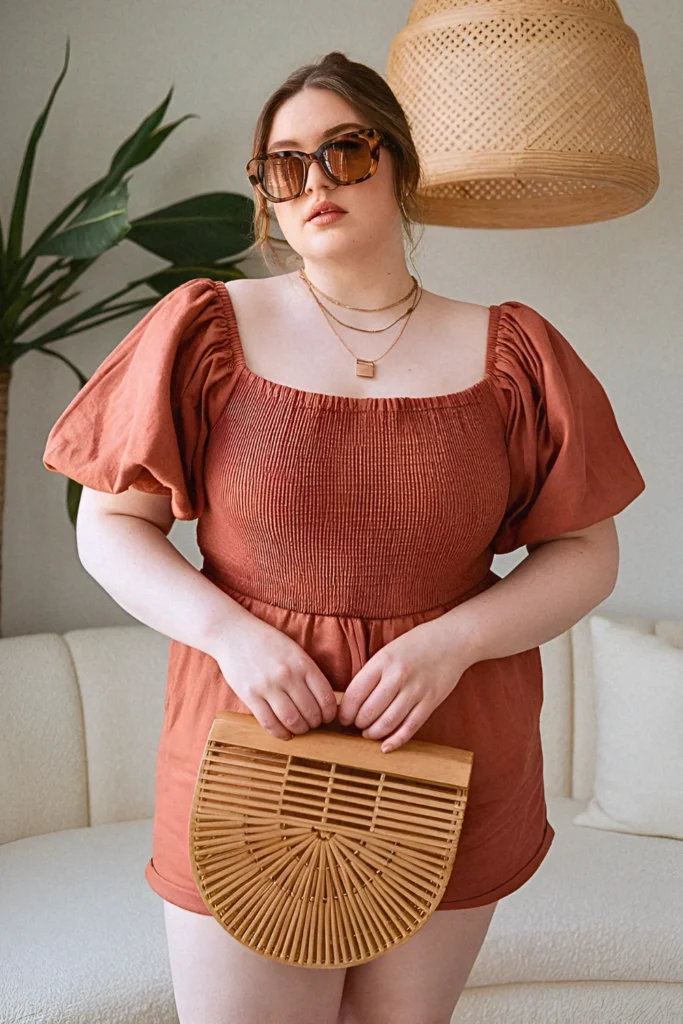 Plus Size Comfy Puff-Sleeve Jumpsuit Summer Outfit