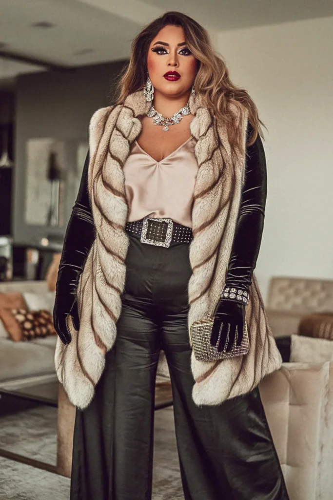 Plus Size Faux Fur Trimmed Vest Glamorous Evening Fall Outfit