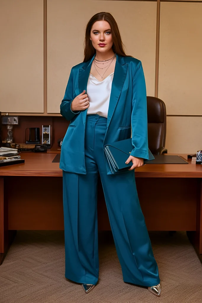 Plus Size Teal Silk Blend Coordinated Summer Work Set
