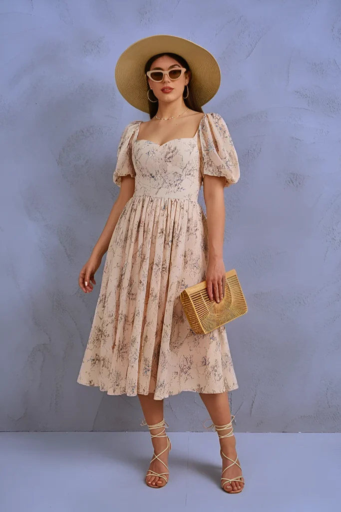 Spring Floral Puff Sleeve Midi Dress Birthday Brunch Outfit