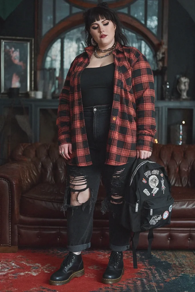 Plus Size Grunge Plaid Shirt Fall Outfit