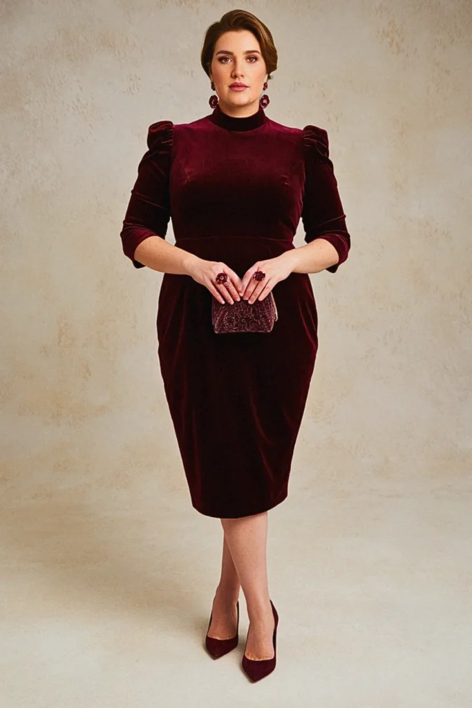Plus Size Burgundy Velvet Evening Wedding Guest Dress