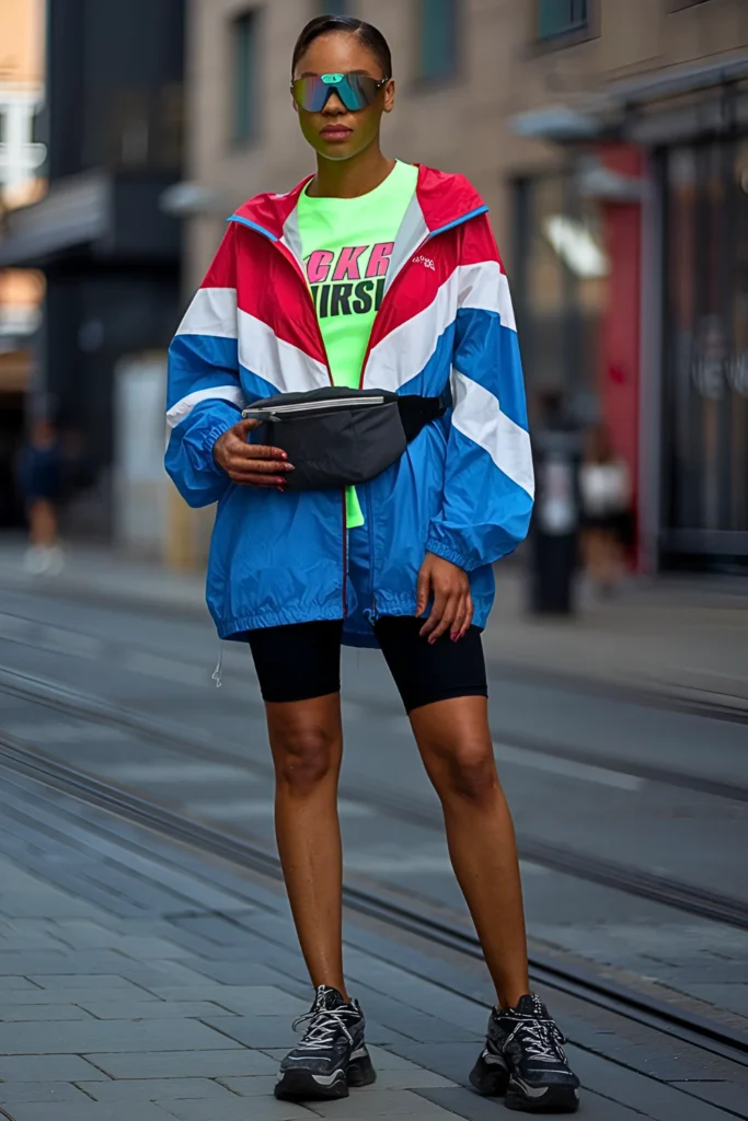 European Color Block Windbreaker & Biker Shorts Spring Outfit