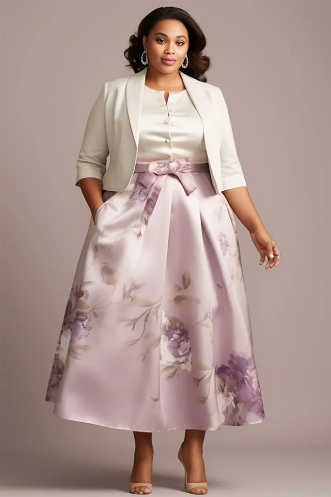 Plus Size Mother Of The Bride White Floral Satin Two Piece Dress Set