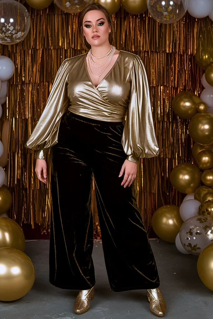Golden LameÌ Wrap Top & Black Velvet Pants