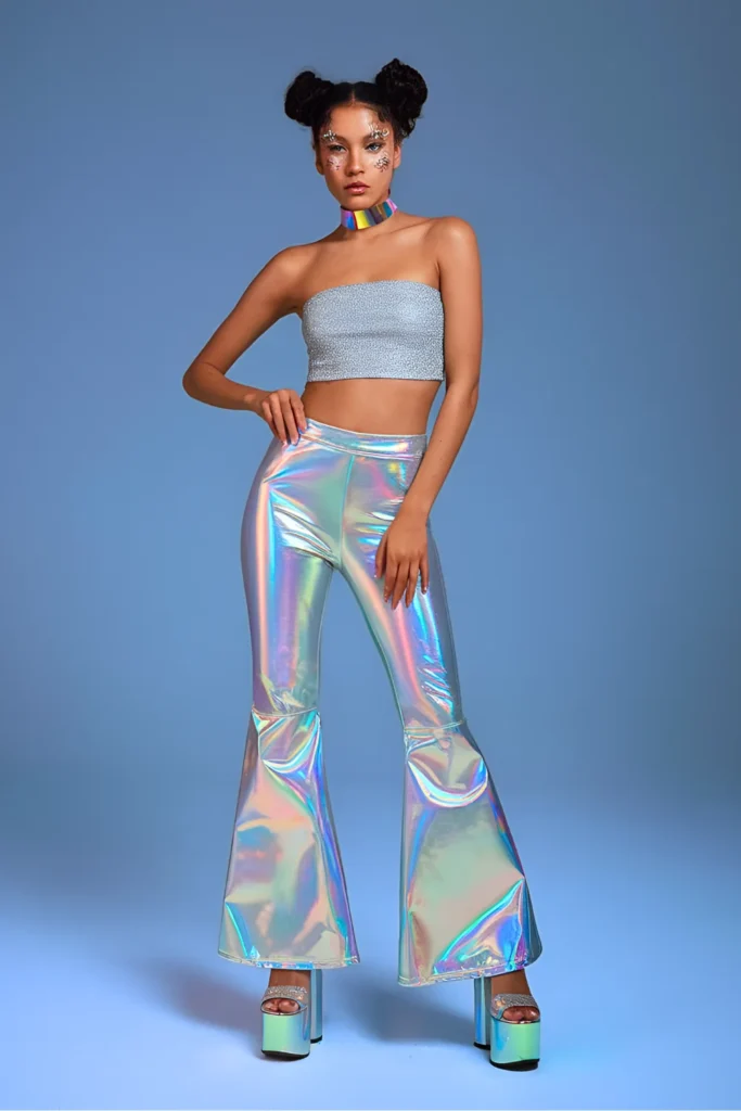 Glittery Tube Top and Holographic Flare Pants Party Spring Outfit