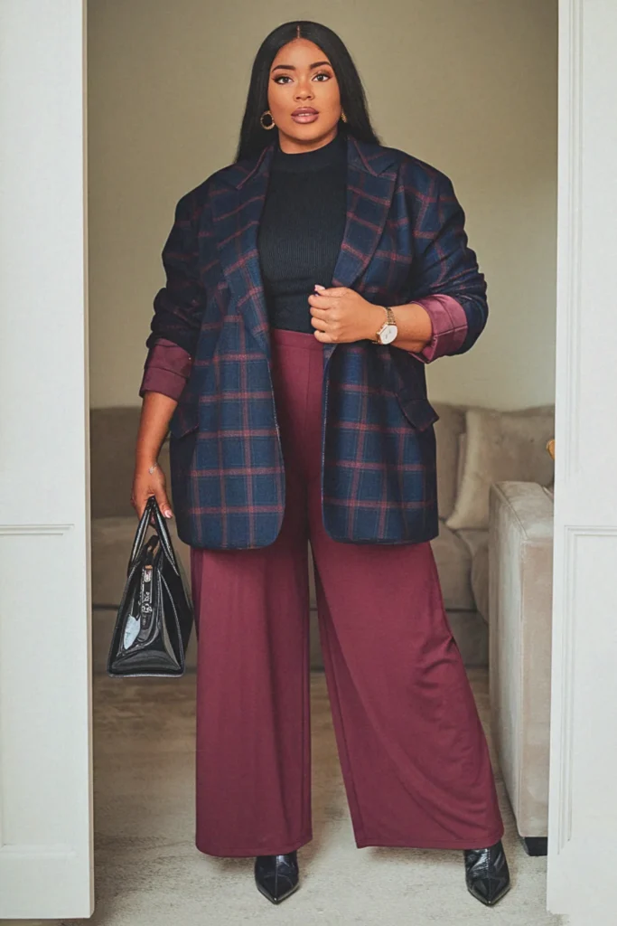 Plus Size Plaid Blazer and Wide Leg Pants Fall Outfit