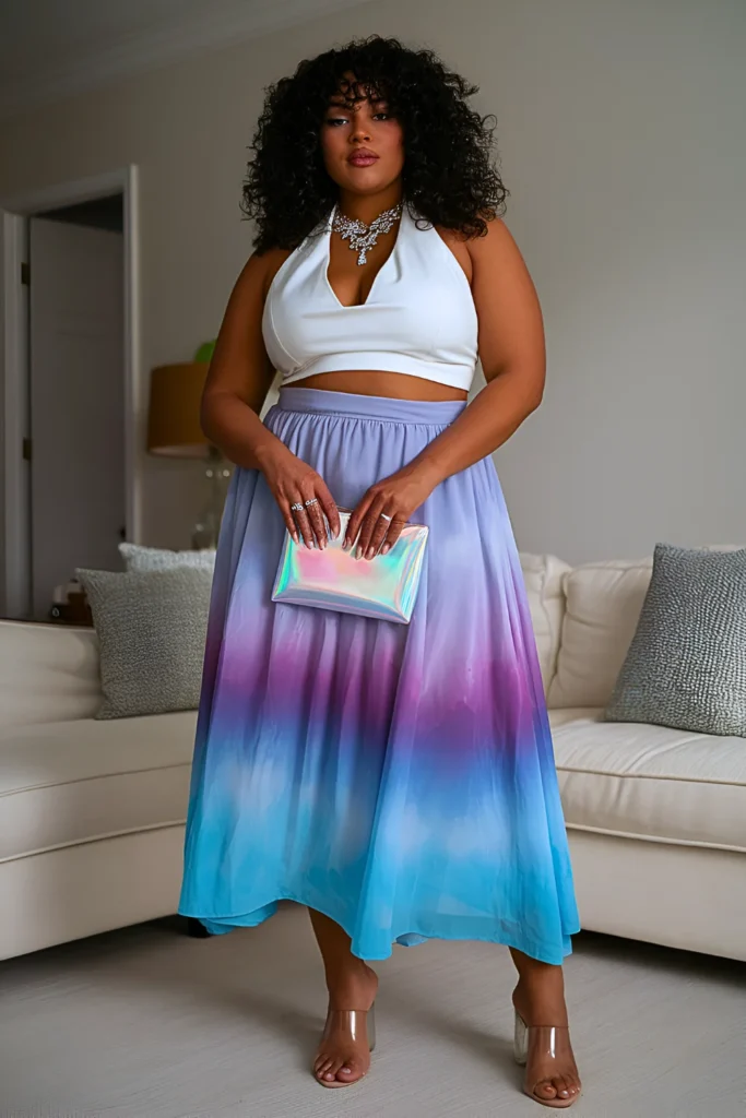 Plus Size Ombre Watercolor Summer Skirt Outfit