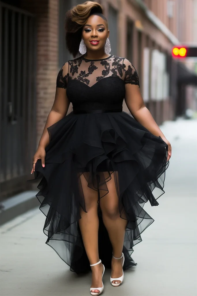 Plus Size Cocktail Party Black Round Neck Short Sleeve High Low Hem Ruffle Tulle Mini Dress