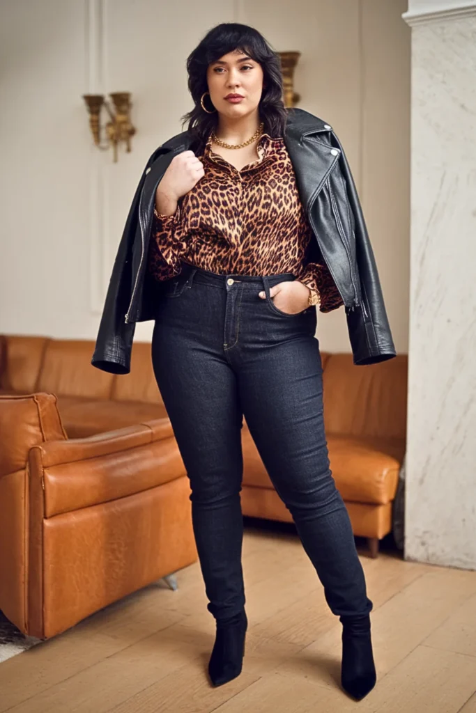 Plus Size Leopard Print Blouse with Dark Wash Jeans and Heeled Boots Winter Outfit