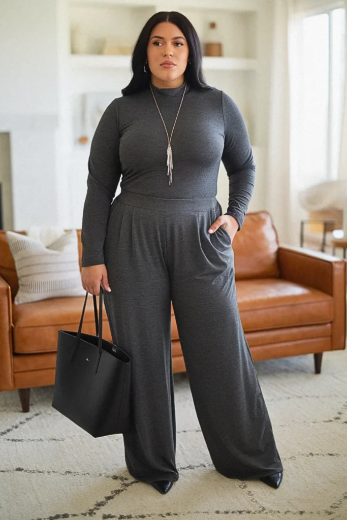 Plus Size Mock Neck Top with Wide Leg Pants Fall Outfit