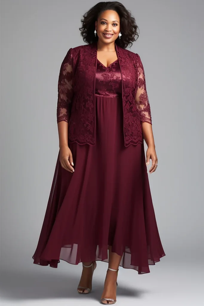 Plus Size Mother Of The Bride Burgundy V Neck 3:4 Sleeve See Through Lace Chiffon Two Piece Dress