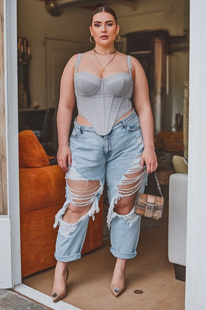 Distressed Boyfriend Jeans with Corset Top Birthday Outfit
