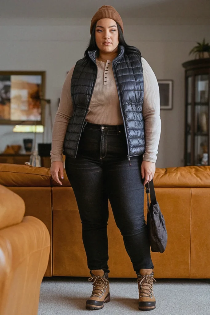 Plus Size Puffer Vest and Thermal Henley Fall Outfit