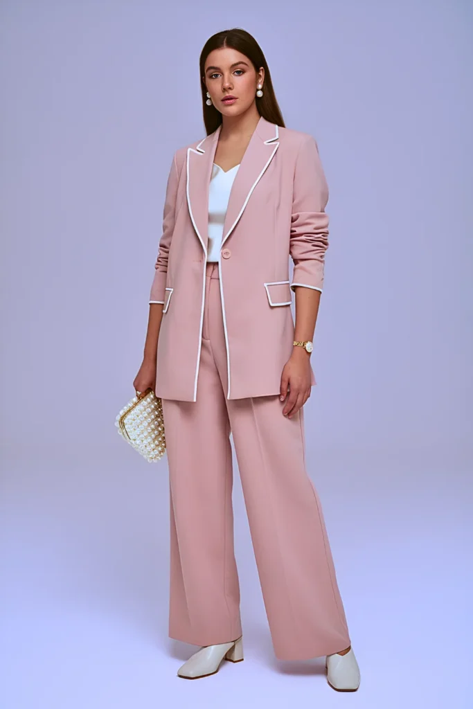 Spring Blush-Pink White Trim Blazer Office Outfit
