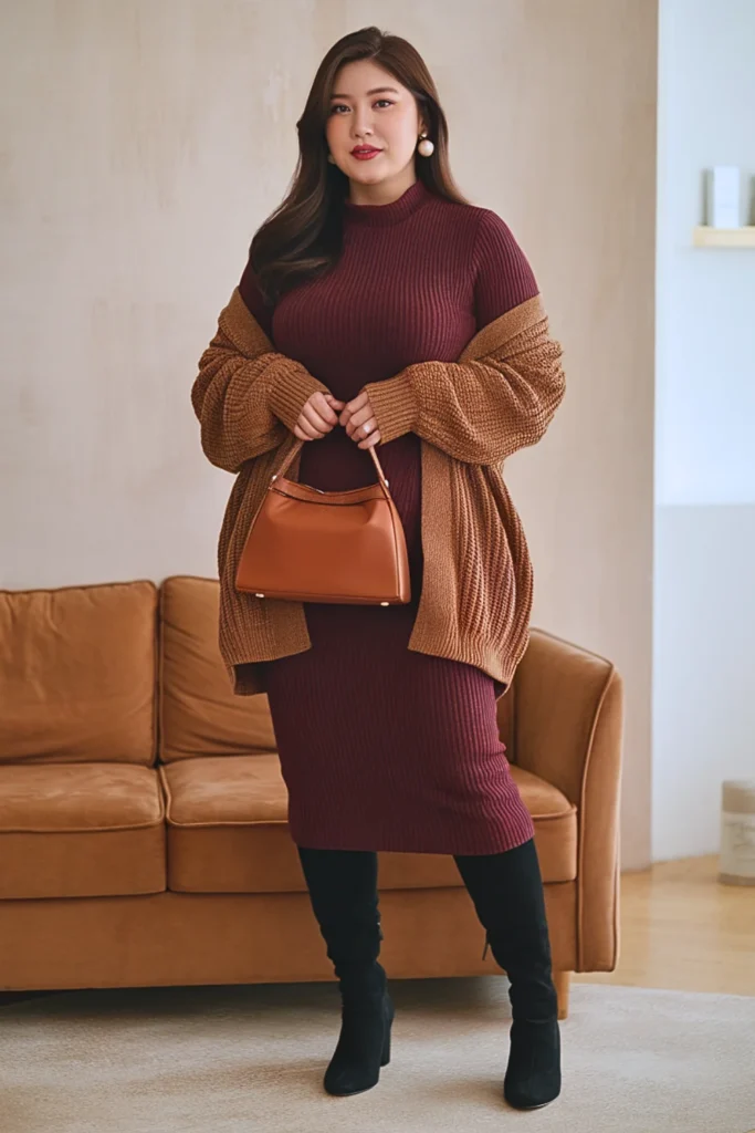 Plus Size Korean Midi Dress Layered Autumn Outfit